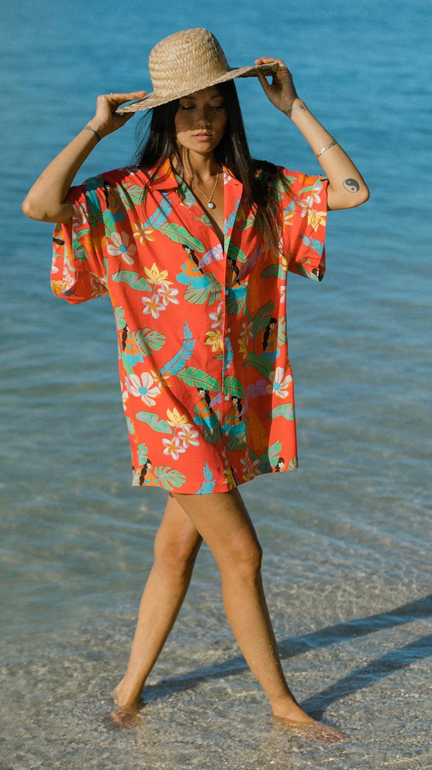 Hawaiian Aloha Red Polynesian Butterfly Top Caftan Cover-up 